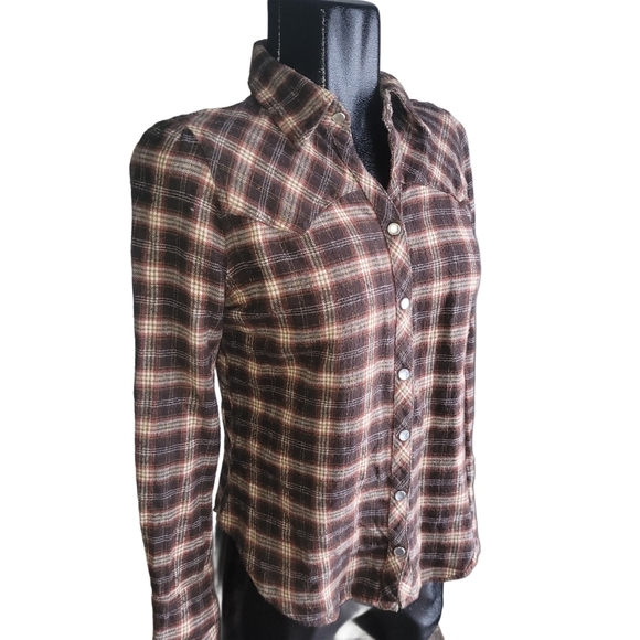 Bluenotes Brown and Tan Plaid Flannel Western Style Snap Button Shirt M - Picture 3 of 7